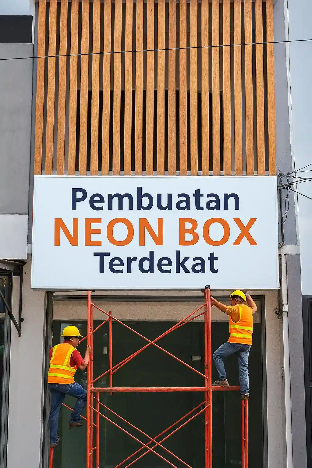 Proses pemasangan neon box terdekat di lokasi usaha
