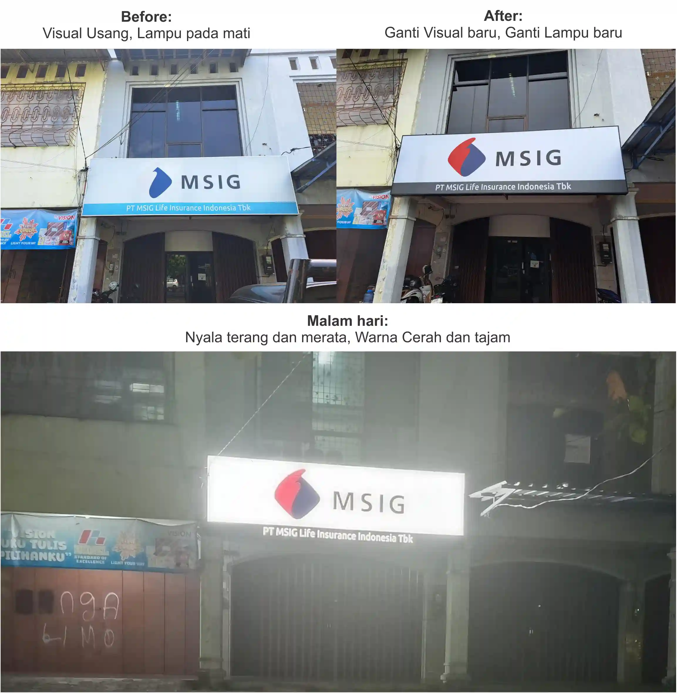Hasil maintenance signage agar tetap terbaca jelas di malam hari