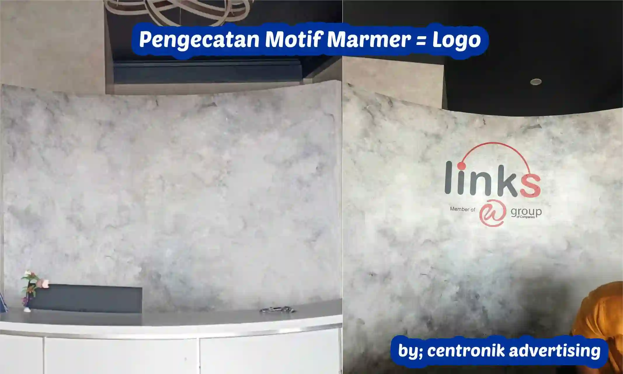 Pengecatan motif marmer dan pemasangan logo Links pada area resepsionis kantor di Semarang